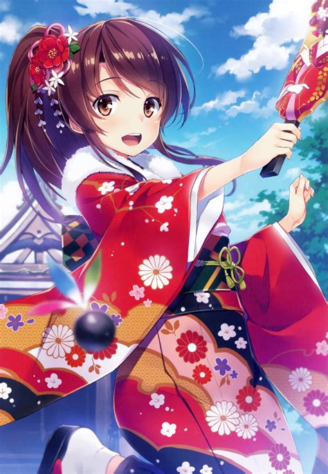 Her broad smile coupled with her radiant brown hair and brown eyes only amplifies her unique, wonderful features. Wallpaper Anime Girl, Japanese Clothes, Smiling, Sky ...