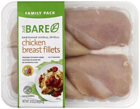 Just bare lightly breaded chicken breast chunks. Just Bare Hand-Trimmed, Boneless, Skinless, Family Pack ...