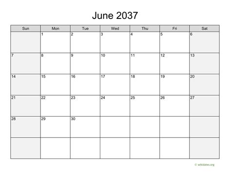June 2037 Calendar With Weekend Shaded