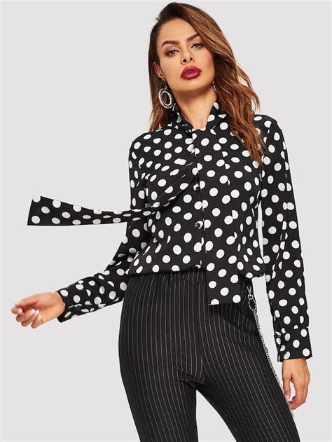 Tie Neck Polka Dot Top Tops Polka Dot Top Shein Fashion