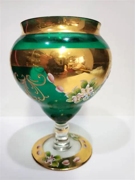 Vintage Emerald Green Gold Trim Glass Small Vase Picclick