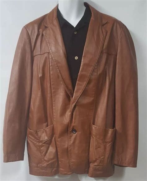 70s Silton Brown Leather Blazer Sport Coat Size 42 2 Button Pockets