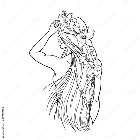 Vetor De Graphic Drawing By Hand Image Of A Naked Girl With A Long Female Hairstyle And Flowers