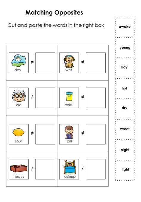Opposites Matching Set Kindergarten Learning Matching Worksheets