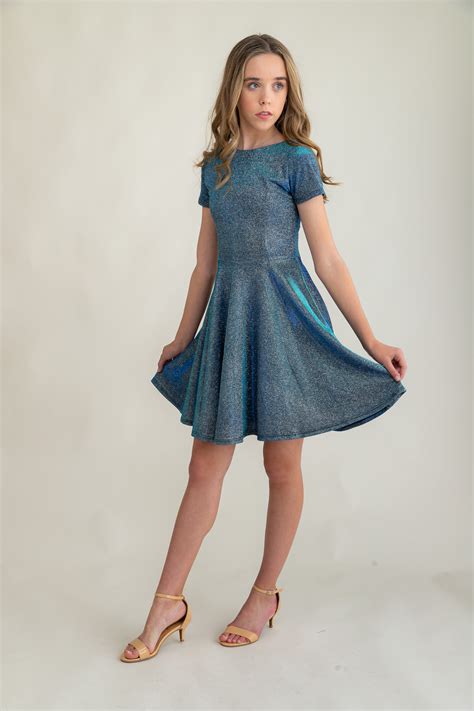 Tween Girls Blue Glitter Short Sleeve Dress In Longer Length Un Deux