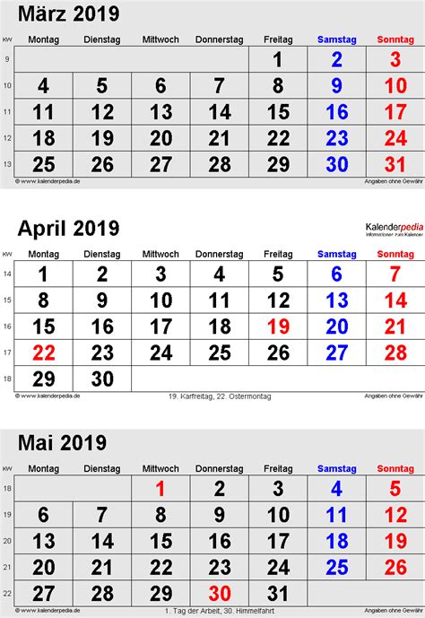 Kalender 2021 mit kalenderwochen + feiertagen: Kalender April 2019 als PDF-Vorlagen