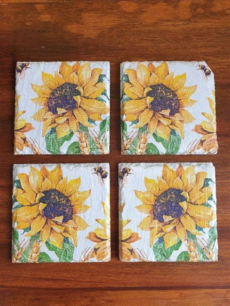 Sunflower Slate Coasters Decoupage Set Of 4 Etsy Uk Slate Coasters