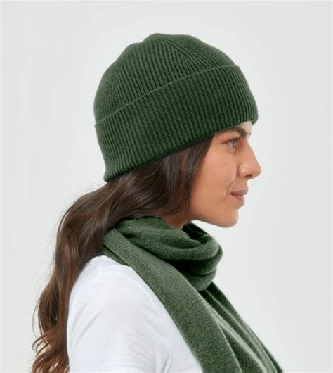Cashmere Ribbed Beanie Hat In Olive Cottage Handcrafts