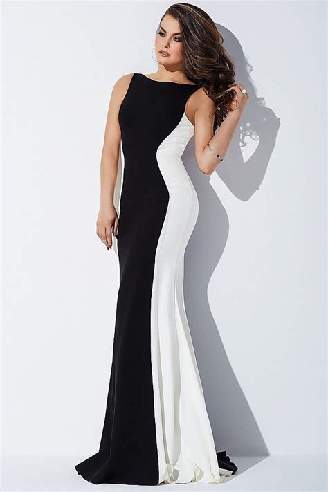 Open Back Black And White Long Prom Dress With Plunging Back