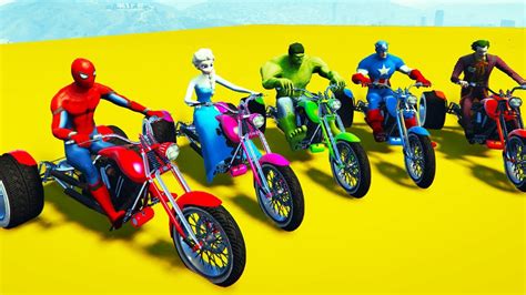 Colors Motorbike Jump On Longs Cars With Superheroes Funny Car For