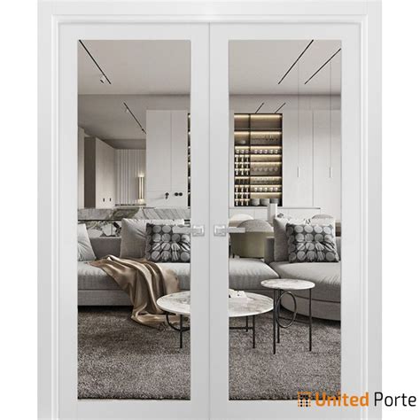 Solid French Double Doors Lucia 2166 White Silk With Clear Glass
