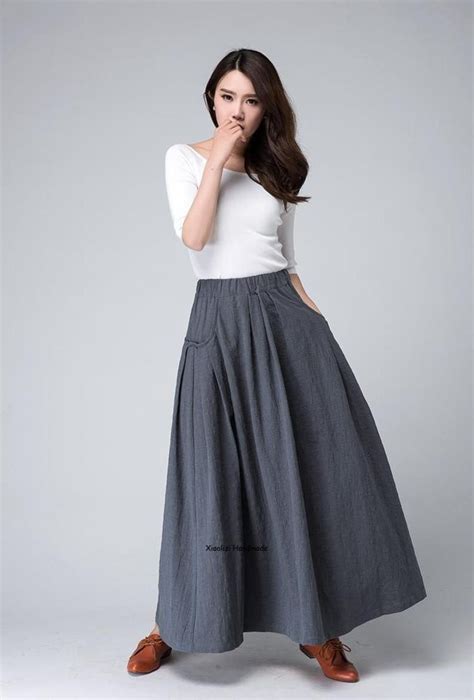 Long Linen Skirt Maxi Skirt Grey Skirt Ladies Skirts Etsy Long