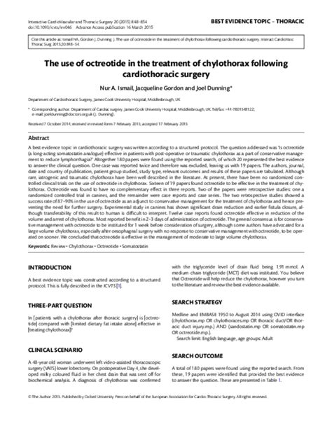Pdf The Use Of Octreotide In The Treatment Of Chylothorax Following