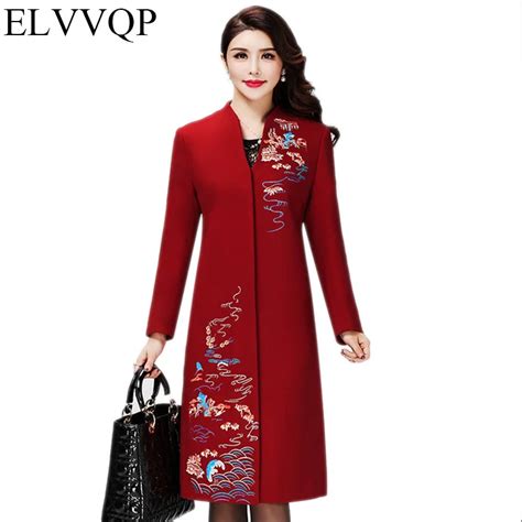 2018 new women winter and autumn jacket long women coat slim long style embroidery floral woolen