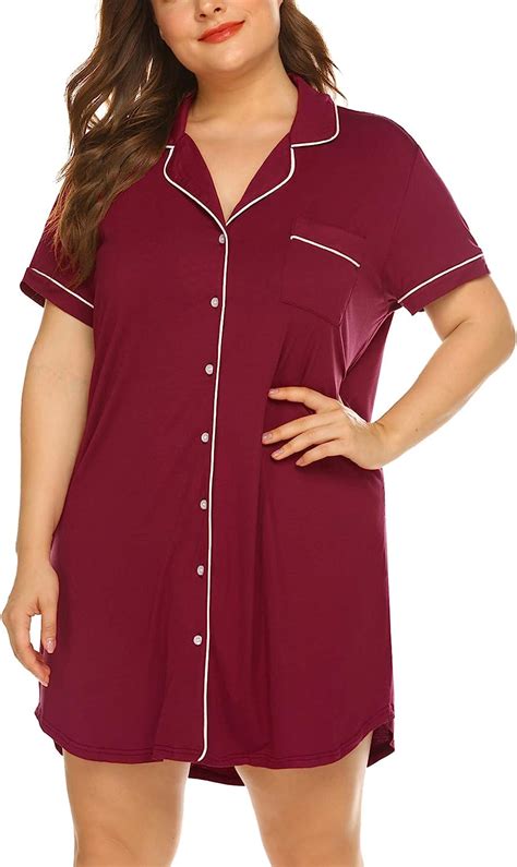 Womens Plus Size Sleep Shirt Short Sleeves Pajama Button Down Top Nightgown