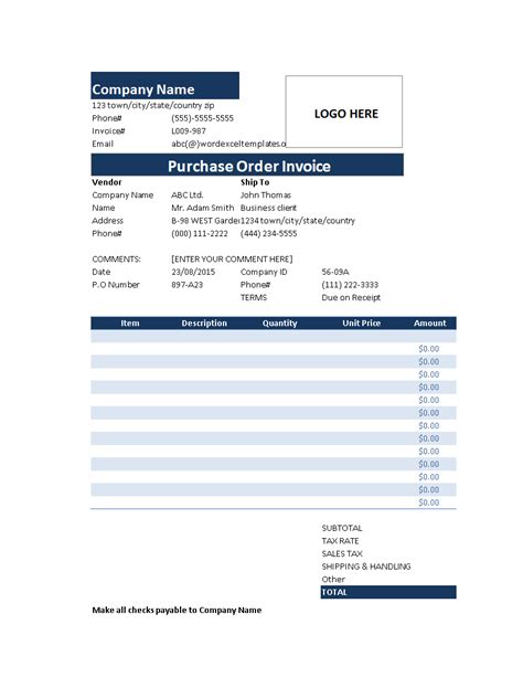 Purchase Order Invoice In Excel Templates At