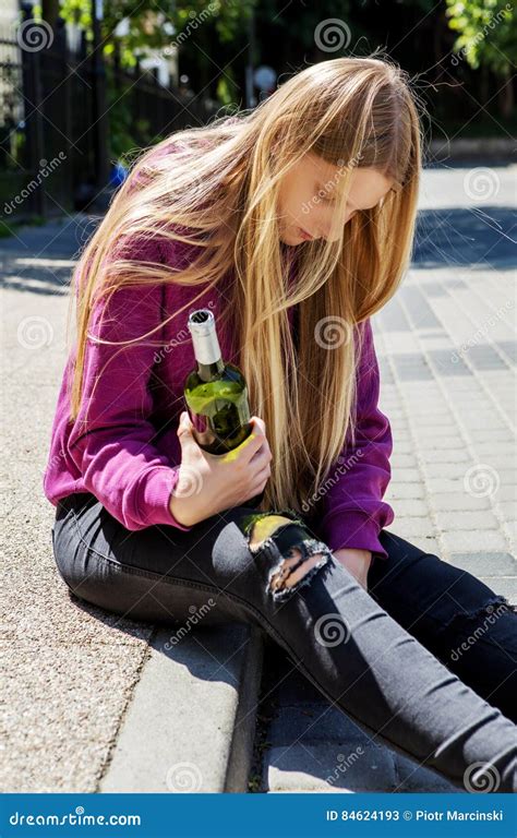 Drunk Young Woman With Bottle Of Alcohol Stock Image Image Of Drug