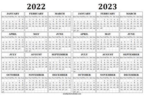 2022 And 2023 Monday Start Calendar Two Year Calendar Printable