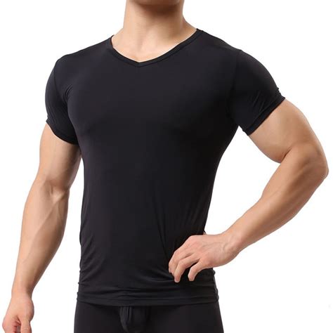 Man Undershirt Ice Silk Spandex Sheer T Shirts Male Nylon V Neck Short Sleeves Tops Ultra Thin