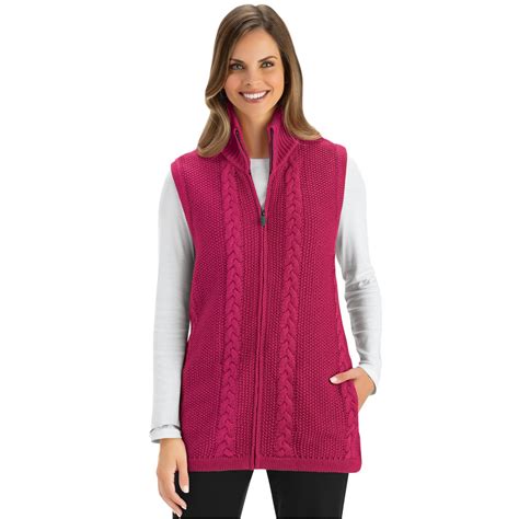 Full Zip Front Long Length Cable Knit Sweater Vest Collections Etc