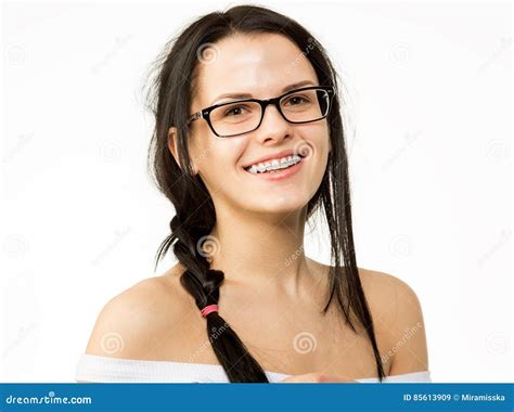 Nerd Girl In Glasses And With Brackets On Teeth Positive Excellent