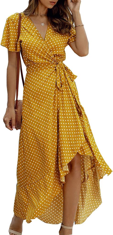 women maxi dress summer short sleeve boho polka dot v neck wrap dress yellow at amazon women s