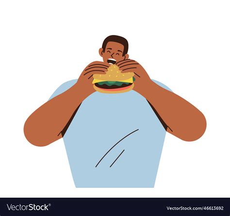 Young Hungry Cartoon Man Character Eating Burger Vector Image