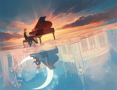 5k Free Download Anime Boy Blonde Piano Sunset Reflection Water