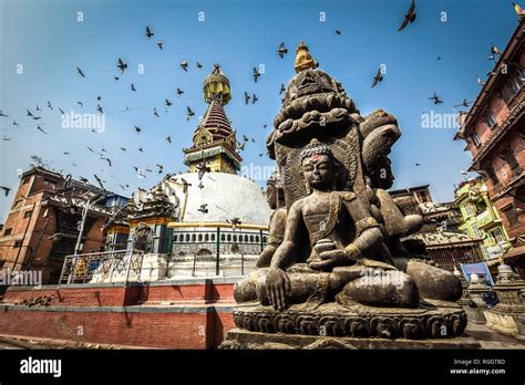 Kathesimbhu Stupa Buddha Statue Pigeons Kathmandu Nepal Stock Photo