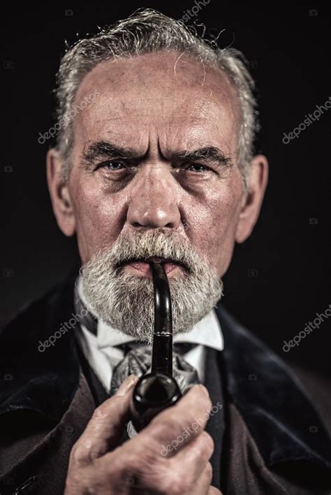 Pipe Smoking Vintage Characteristic Senior Man With Gray Hair An Stock