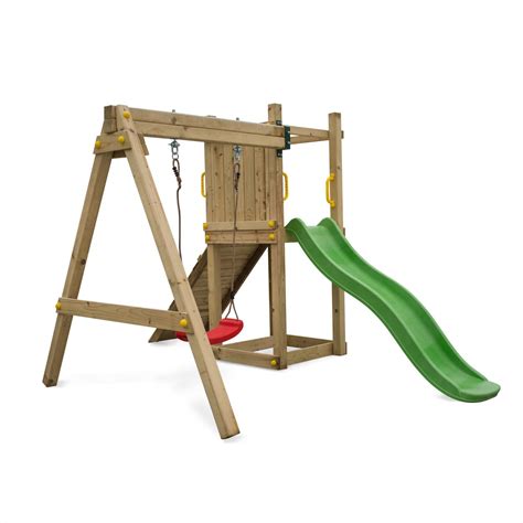 Vous creusez, vous fixez les pieds du portique et vos enfants jouent en toute. Aire de jeux en bois avec toboggan, balançoire, corde et rampe
