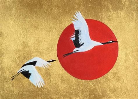 Two White Birds Flying Over A Red And Gold Circle With The Sun In The