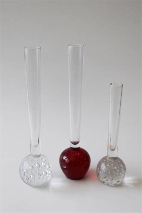 Mod Vintage Paperweight Bud Vases Controlled Bubble Glass Clear And Ruby Red