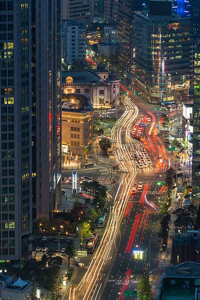 210 Seoul Futuristic Neon Night City Illuminated Panorama Korea Stock