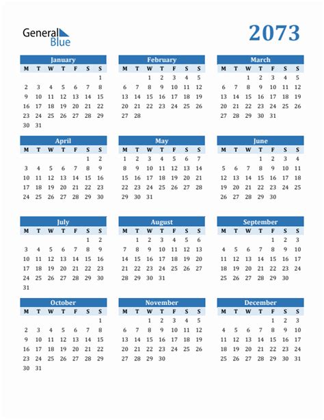 2073 Yearly Calendar Templates With Monday Start