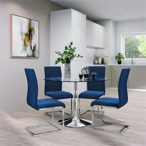 Orbit Round Chrome And Glass Dining Table With 4 Perth Blue Velvet Chairs Furniture Choice