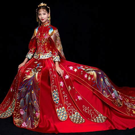Red Traditional Chinese Wedding Gown Ladies Cheongsam Long Dress Qipao Vestido Oriental Style