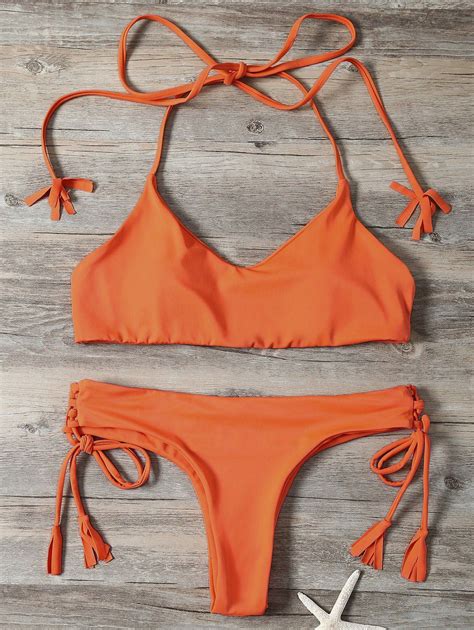 [16 Off] 2021 Tassels Lace Up Bikini Set In Orangepink Zaful