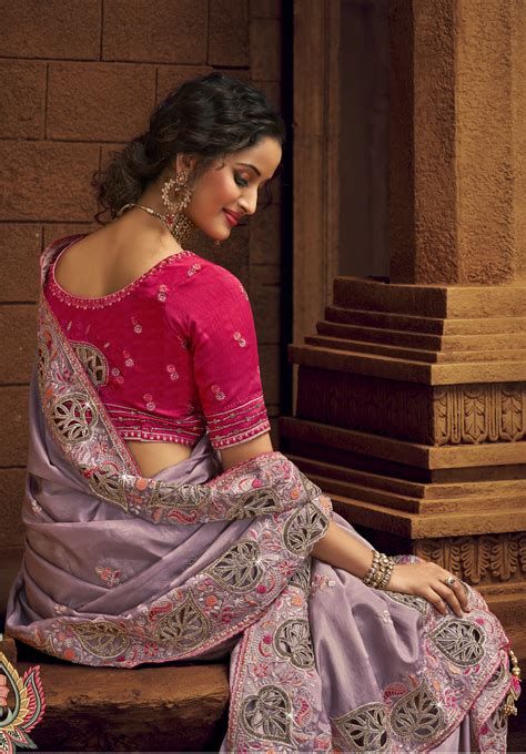 Lavender Colour Wedding Saree With Contrast Heavy Blouse Best Saree