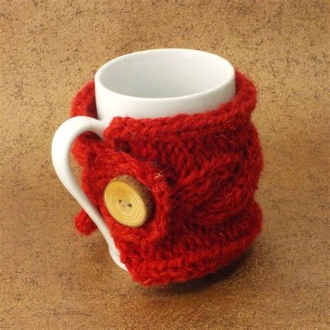Mug Cosy Handknit British Wool With Handmade Wooden Button Bright Red £
