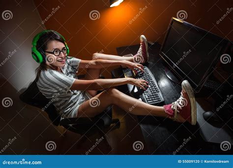 Gamer Girl Playing Video Game In Glasses Helmet Virtual Reality Visual