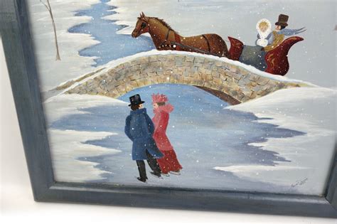 Vintage Folk Art Oil Painting Of Winter Scene Skating Sleigh Ride
