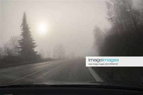 Thick Heavy Dense Fog Winter European Route E55 Central Bohemian Region Czech Republic On Sun
