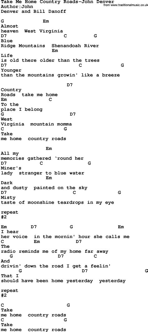 John Denver Take Me Home Country Roads Chords And Lyrics Country Poin