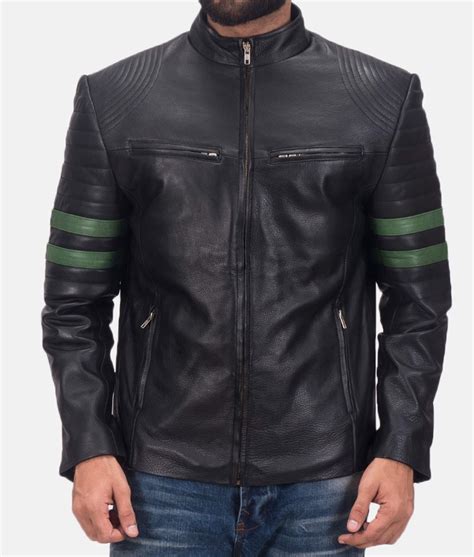 Mens Biker Green Striped Leather Jacket Jackets Creator