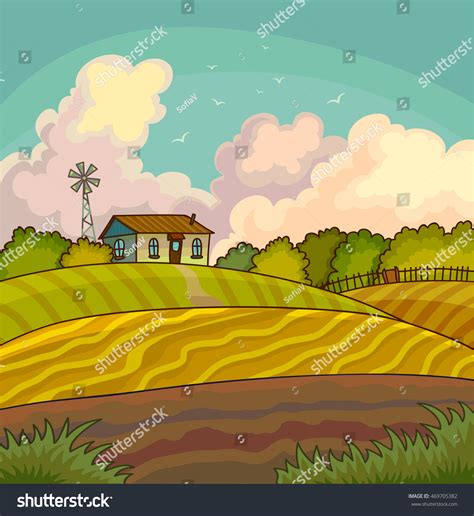 Farm Rural Landscape Field Illustration Harvesting Stock Vector