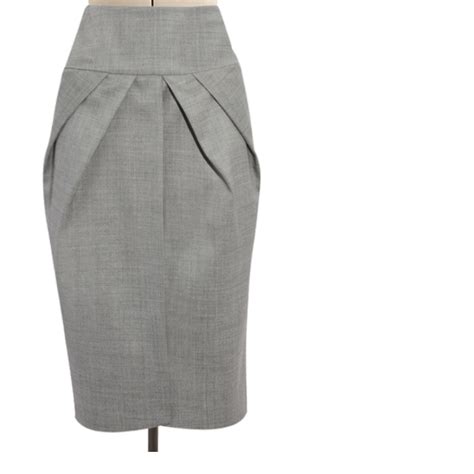 Grey Wool Blend Pencil Skirt With Front Pleats And Back Panel Cuts