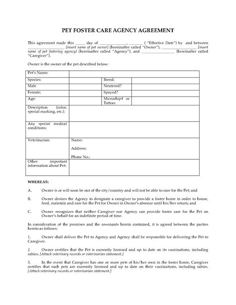 Pet Foster Care Agreement Legal Forms And Business Templates