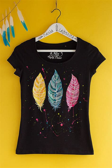 Hand Painted Feather T Shirt White And Colorful Boho Bohemian T