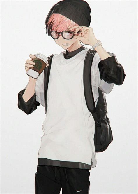 Anime Guy Red Hair Glasses Hipster Coffee Beanie